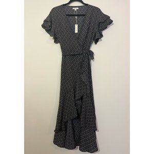 NWT Max Studio Wrap Dress Size S, Black Pattern, Midi High Low, Tiered Ruffles